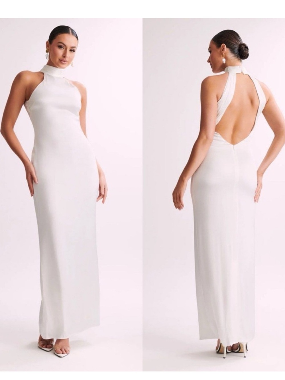 MESHKI Claire Satin Drape Open Back Maxi Dress in White Sz S